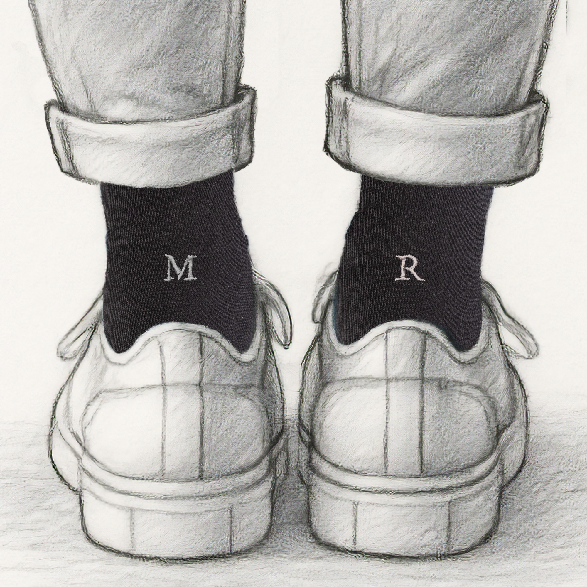 Chaussettes homme en coton extensible | Noires avec initiales brodées grises | Taille 40/45 | Longueur genou