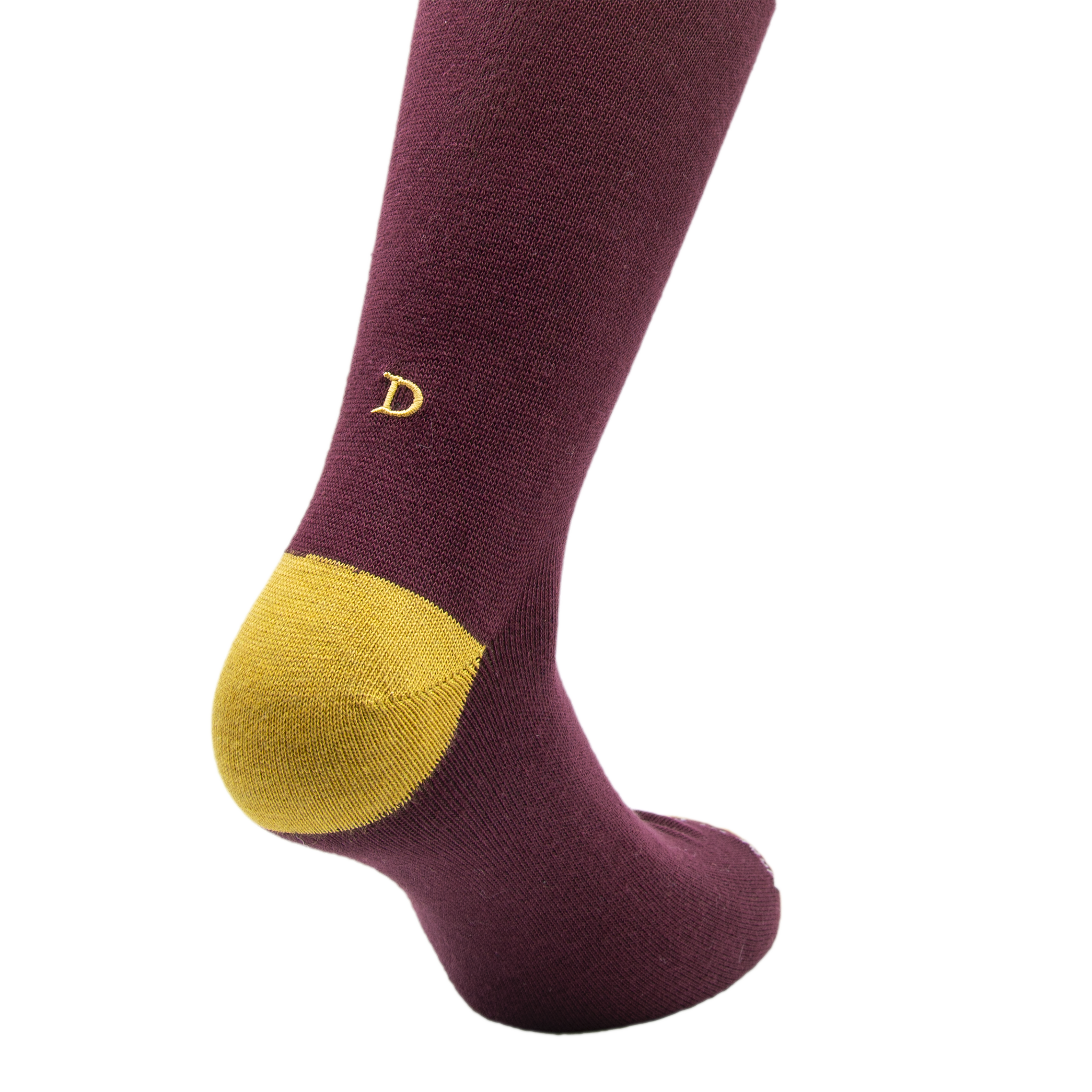 Chaussettes homme en coton extensible | Bordeaux avec initiales brodées et moutarde | Taille 40/45 | Longueur genou