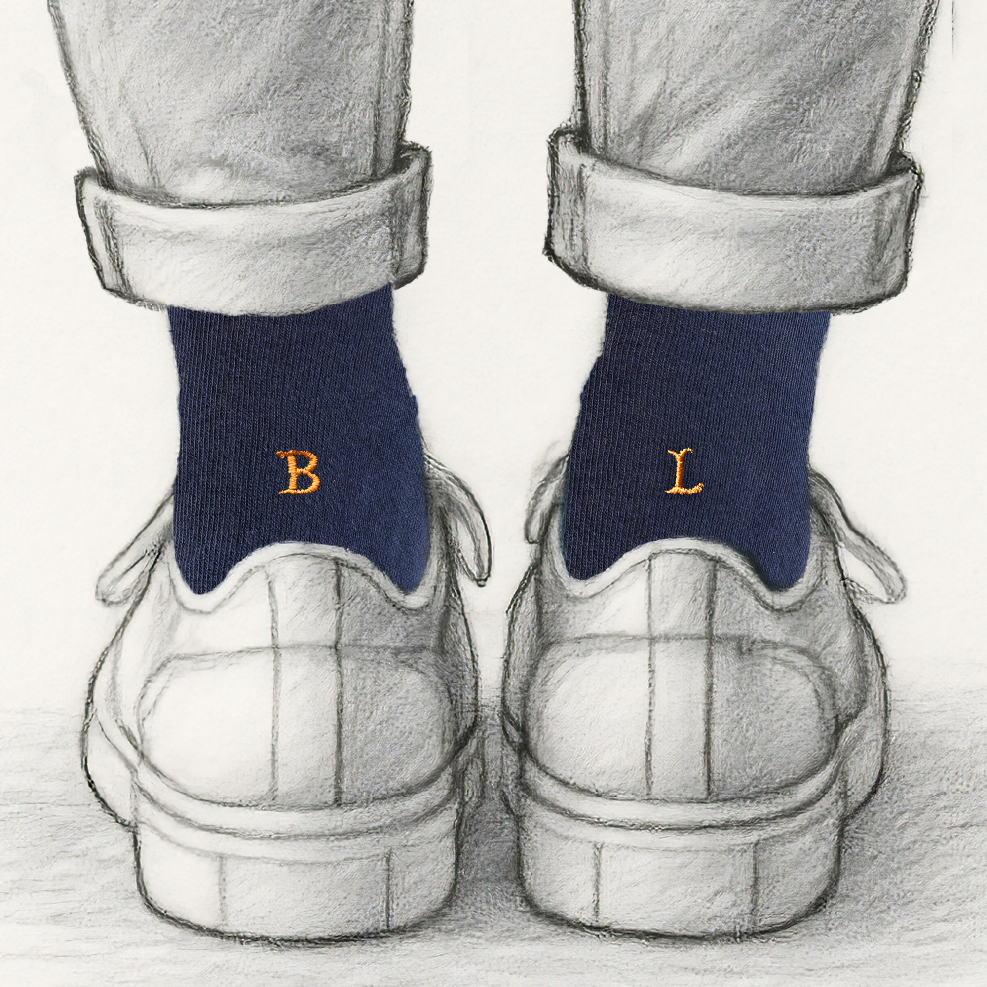 Chaussettes homme en coton extensible | Bleues avec initiales brodées et moutarde | Taille 40/45 | Longueur genou