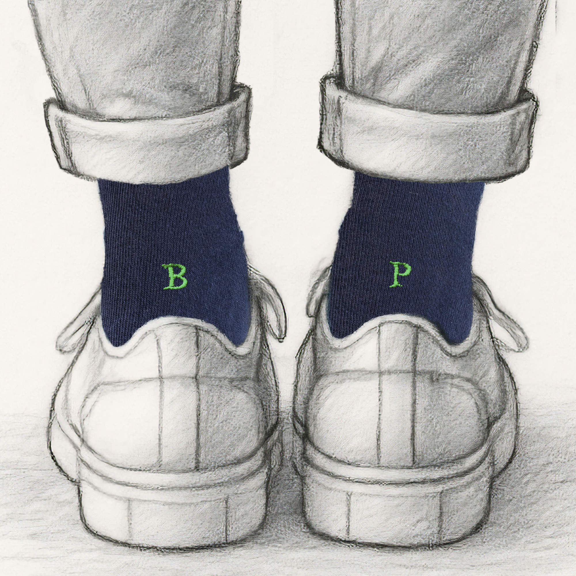 Chaussettes homme en coton extensible | Bleues avec initiales vertes brodées | Taille 40/45 | Longueur genou