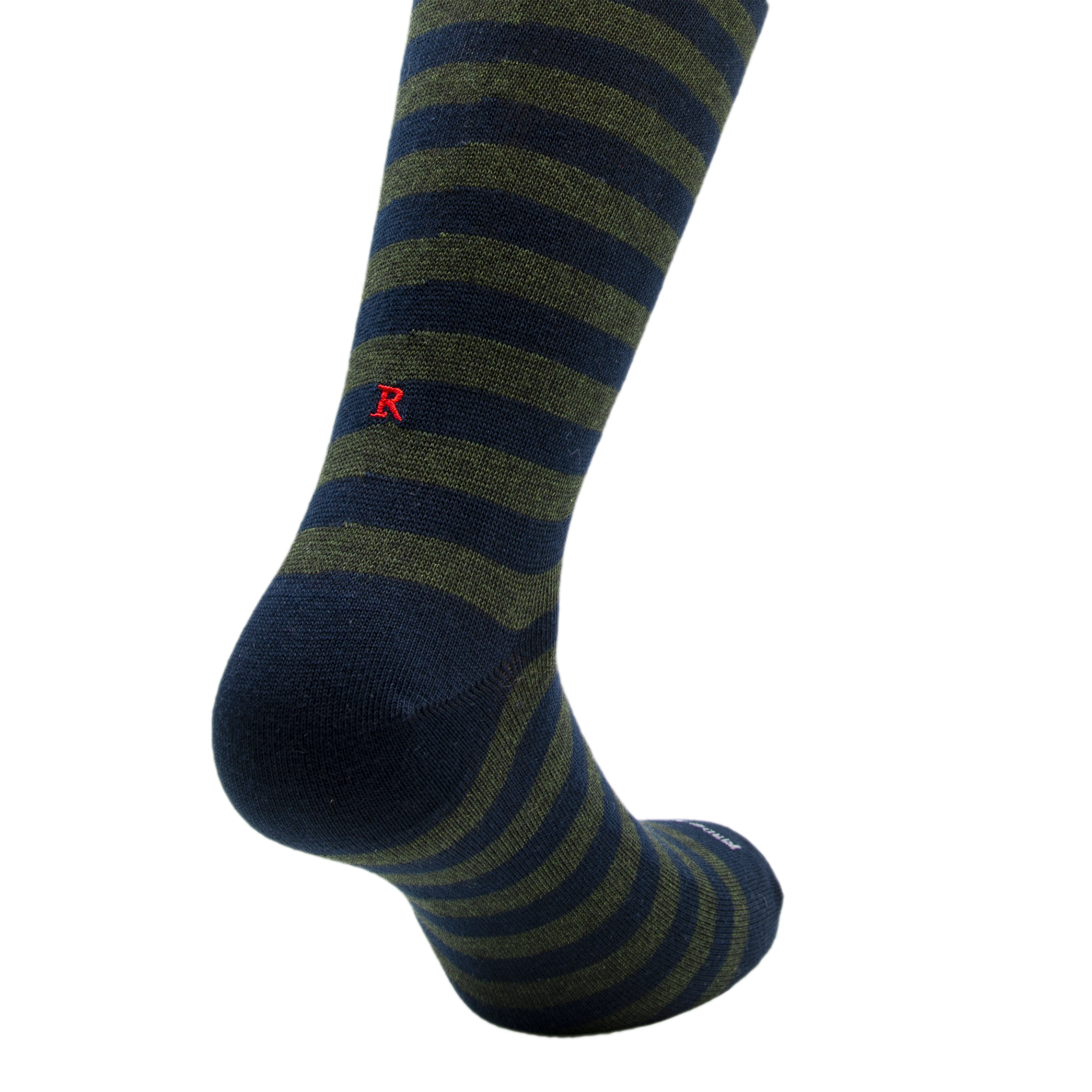 Chaussettes homme en coton extensible | Rayures bleu/vert avec initiales rouges brodées | Taille 40/45 | Longueur genou