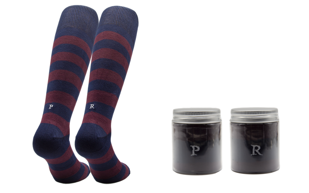 Chaussettes homme en coton extensible | Rayures bleu et bordeaux avec initiales grises brodées | Taille 40/45 | Longueur genou