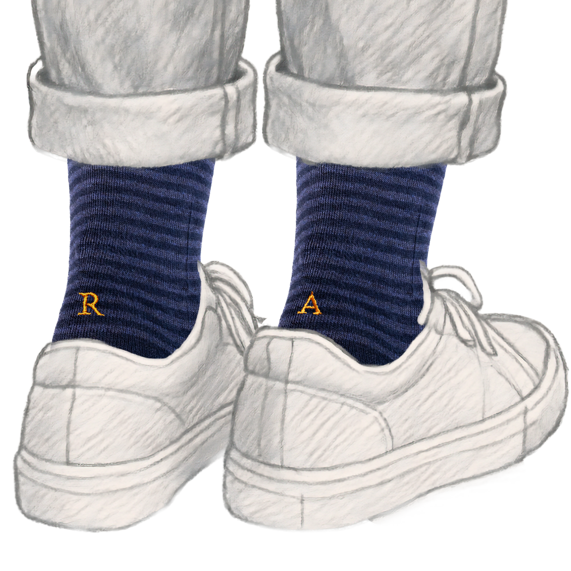 Calze Uomo Cotone Stretch | Riga Blu Denim Iniziali Ricamate Senape | Taglia 40/45 | Lunghezza Ginocchio