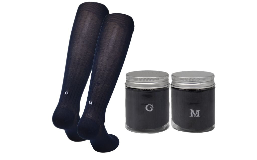 Chaussettes extensibles en laine écossaise pour homme | Bleues avec initiales brodées grises | Taille 40/45 | Longueur genou