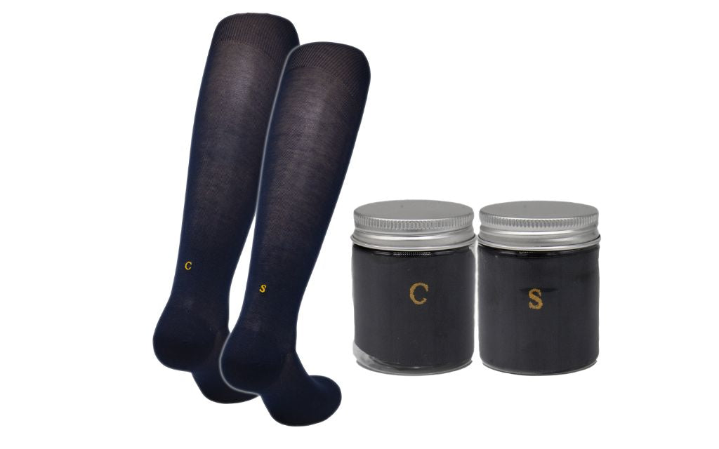 Chaussettes extensibles en laine écossaise pour homme | Bleues avec initiales brodées et moutarde | Taille 40/45 | Longueur genou