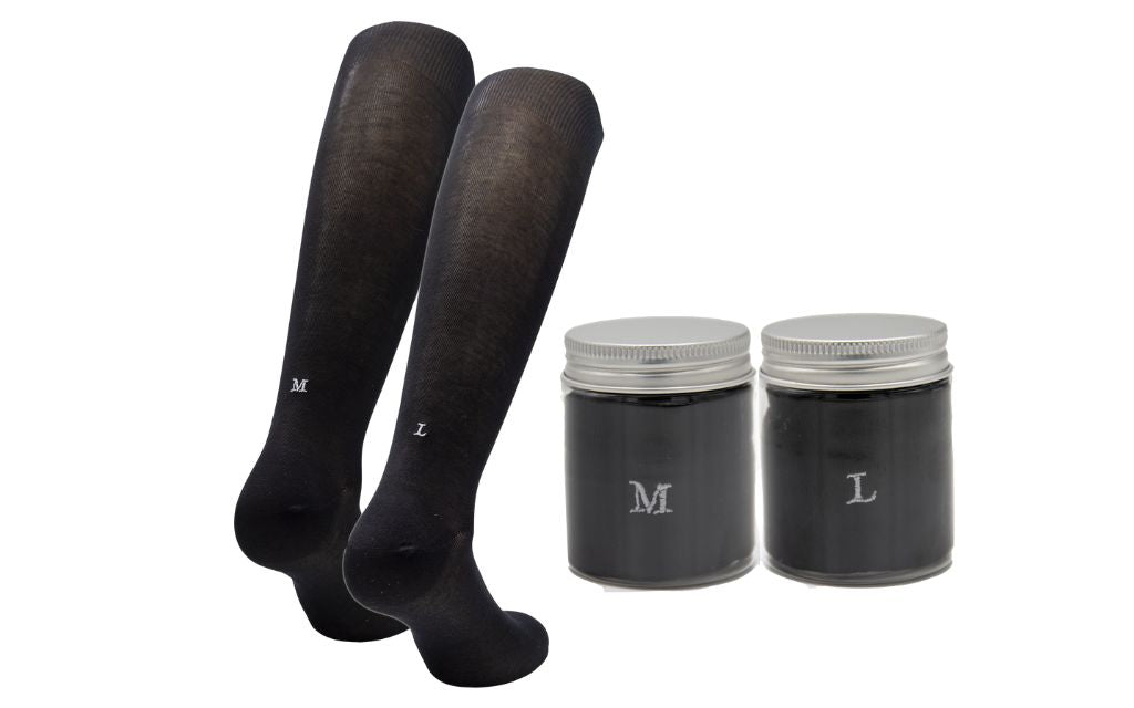 Chaussettes extensibles en laine écossaise pour homme | Noires avec initiales brodées grises | Taille 40/45 | Longueur genou