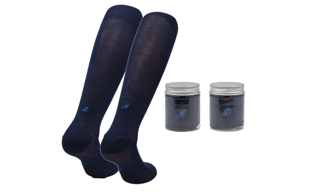 Chaussettes extensibles en laine écossaise pour homme | Bleues avec initiales royales en italique | Taille 40/45 | Longueur genou