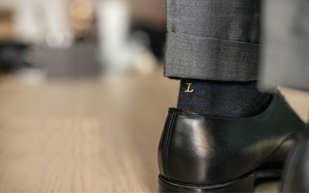 calza uomo riga marrone - blu melange cotone organico personalizzata iniziali ricamate 301___A