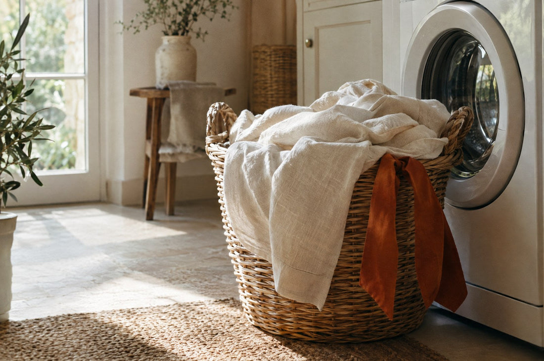 come lavare le calze per farle durare: cesta di bucato in vimini con lino chiaro accanto a una lavatrice, luce naturale
