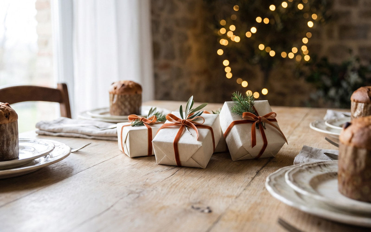 idee regalo di Natale per lei: tavolo di legno con pacchetti incartati, nastro di raso e rametti di abete, pronti per la vigilia
