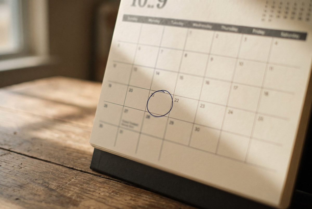 regalo di anniversario per lui: calendario da tavolo su un tavolo di legno, con il giorno 21 cerchiato a penna