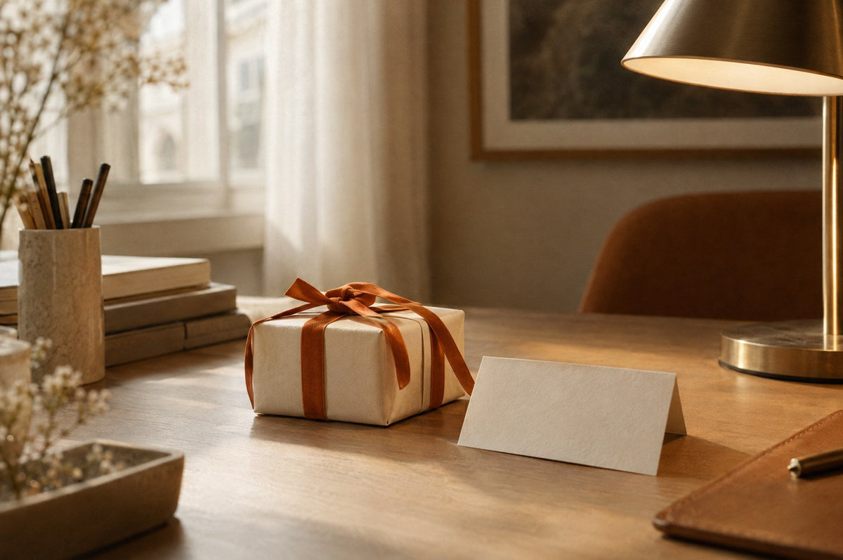 regalo di Natale per il capo: pacchetto in carta avorio con un biglietto piegato su una scrivania in ordine, alla luce di una lampada da ufficio