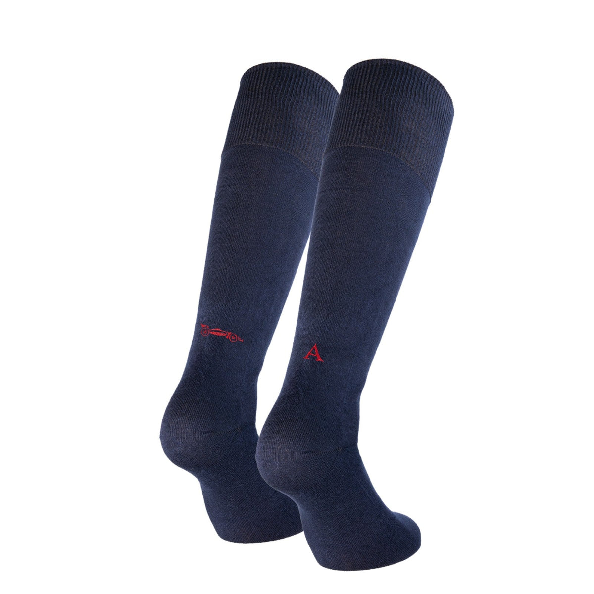 regalo per chi ama le auto: calze blu Individual Socks Car Lovers con l'auto da corsa ricamata in rosso su una calza e l'iniziale sull'altra
