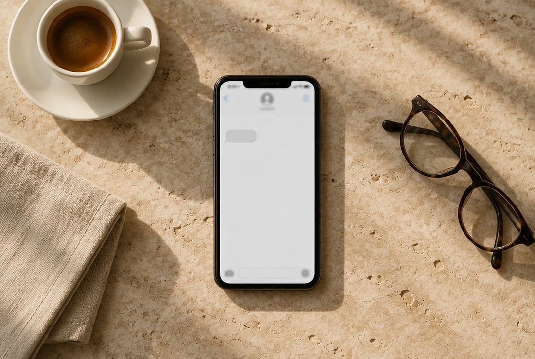 regalo per chi dice che non vuole niente: un telefono con la chat vuota, una tazzina di caffè e un paio di occhiali su un tavolo di pietra