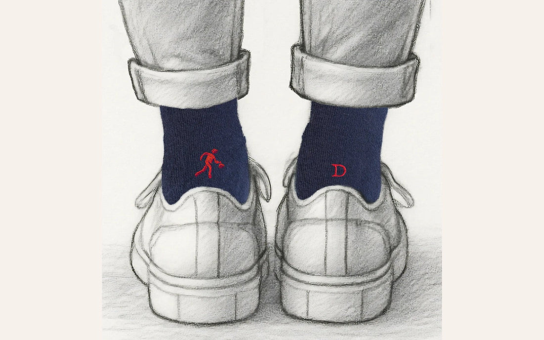 regalo per chi gioca a basket: calze blu Individual Socks con il giocatore ricamato in rosso su una calza e l'iniziale sull'altra, viste da dietro