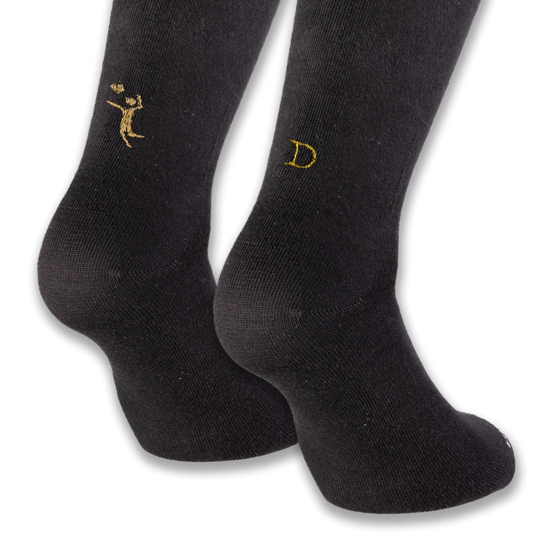 regalo per chi gioca a pallavolo: calze nere Individual Socks con la giocatrice di pallavolo e l'iniziale ricamate in oro, viste da dietro