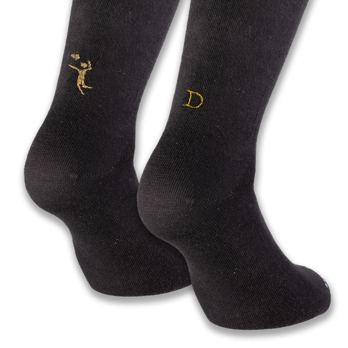 regalo per chi gioca a pallavolo: calze nere Individual Socks con la giocatrice di pallavolo e l'iniziale ricamate in oro, viste da dietro