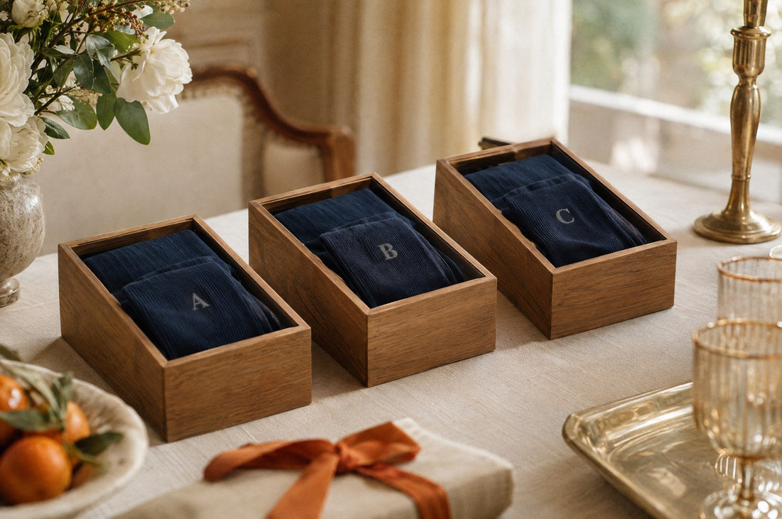 regalo per i testimoni di nozze: tre Cofanetti in Legno in fila su un tavolo di ricevimento, con calze blu in filo di Scozia personalizzate con iniziali grigie ricamate