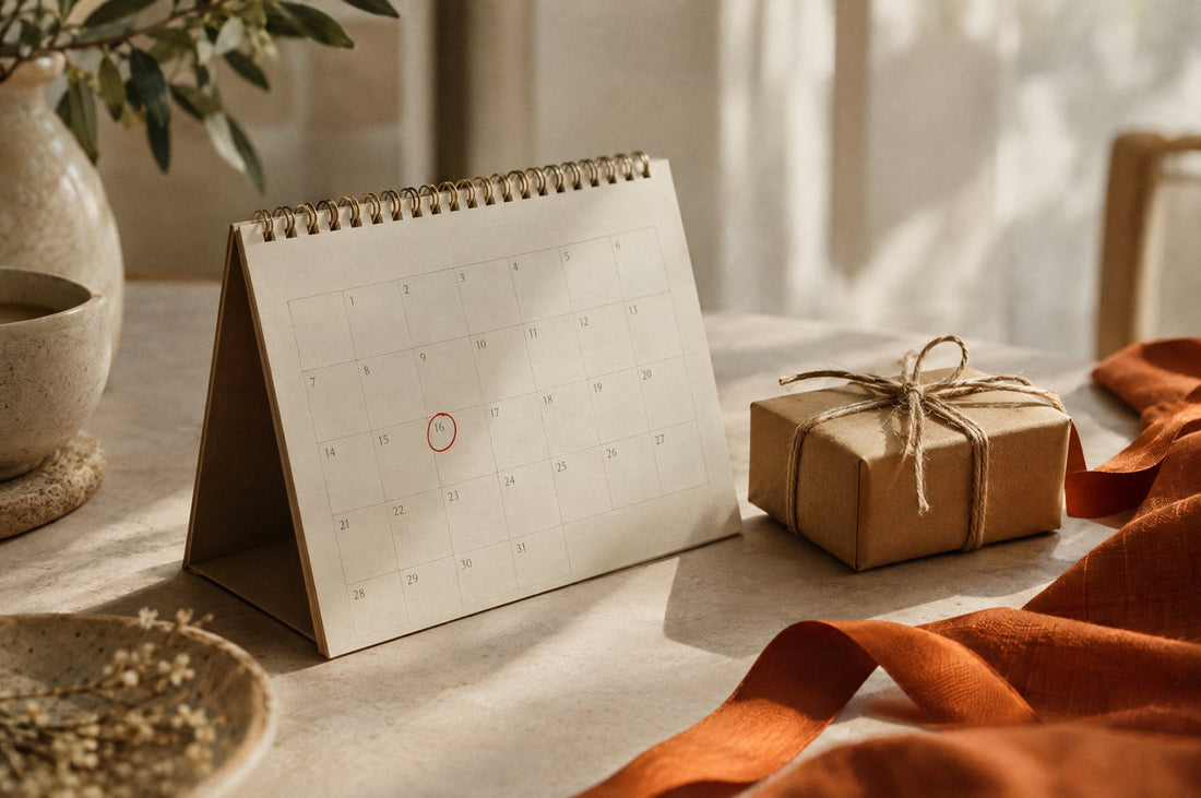 regalo per l'onomastico: calendario da tavolo aperto con un giorno cerchiato in rosso, accanto un piccolo pacchetto chiuso con lo spago