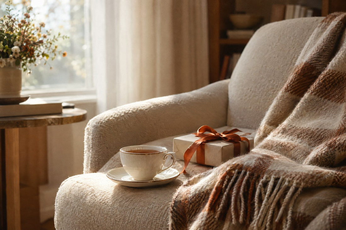 regalo per la neomamma: una tazza di tè, un plaid e un piccolo pacchetto su una poltrona, luce del mattino