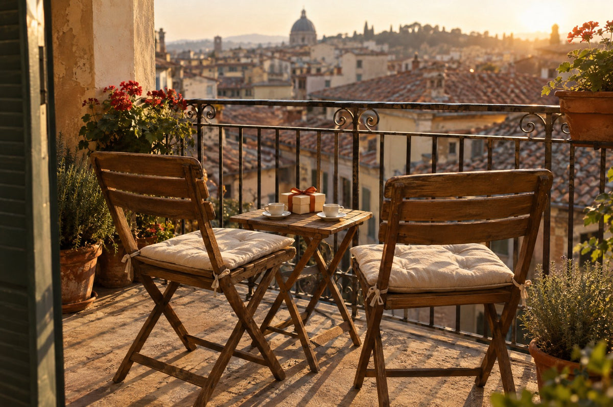 regalo per la sorella: due sedie vuote su un balcone e un pacchetto chiuso sul tavolino, luce del pomeriggio