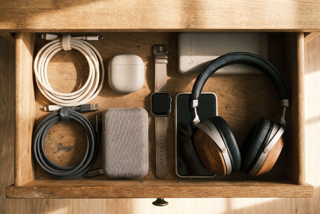 regalo per un papà che ha già tutto: cassetto in legno aperto con cuffie, smartwatch, cavi e accessori già in ordine