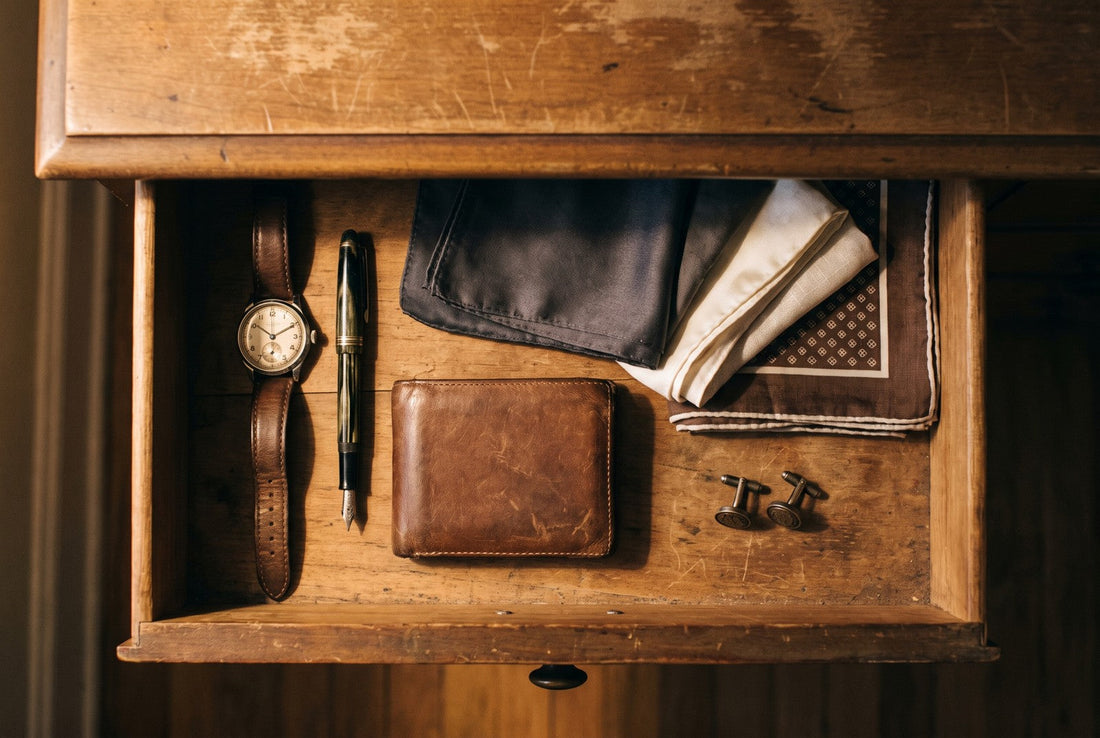 regalo per un uomo che ha già tutto: cassetto in legno con orologio, stilografica, portafoglio in pelle, fazzoletti da taschino e gemelli