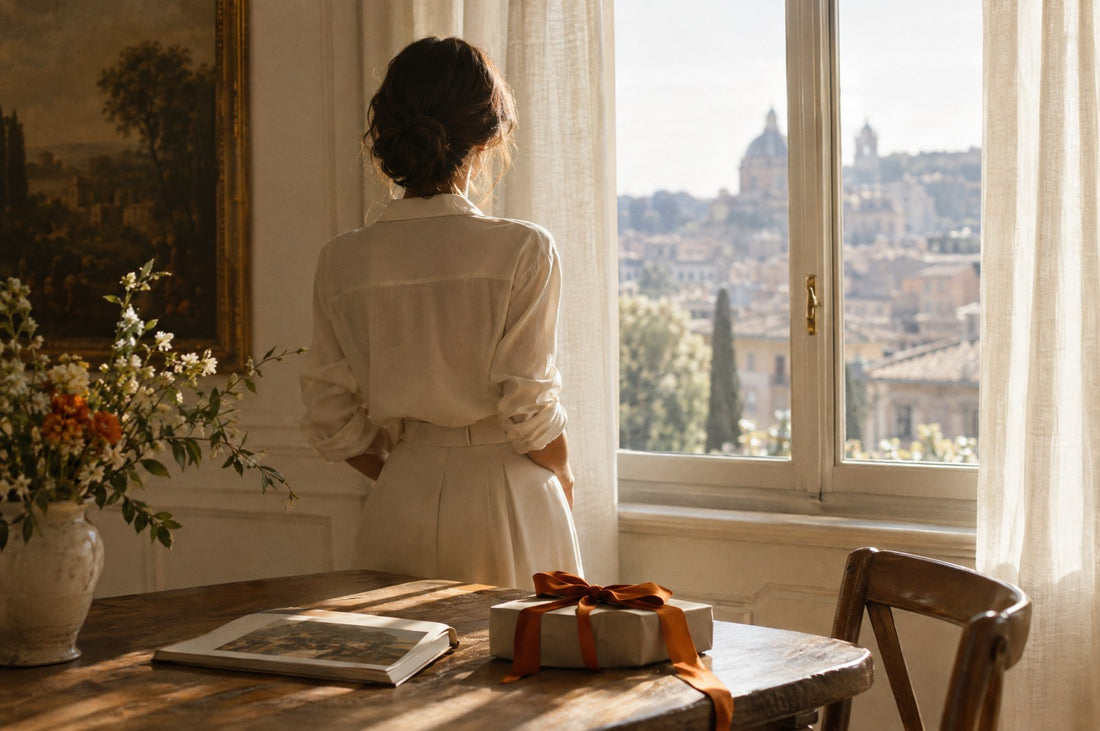 regalo per una donna di 40 anni: un libro e un pacchetto su un tavolo di legno davanti a una finestra, luce di mattina