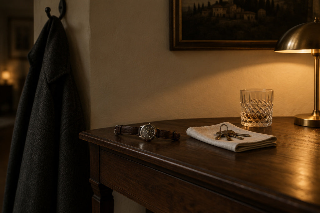 regalo di San Valentino per lui: consolle in noce all'ingresso di casa la sera, con orologio, chiavi su un panno di lino e cappotto di lana appeso