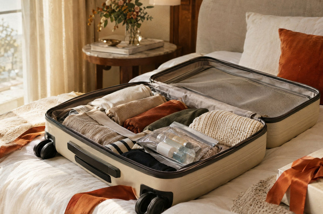 viaggiare solo con bagaglio a mano: trolley da cabina aperto sul letto, capi arrotolati e sacchetto trasparente per i liquidi da un litro