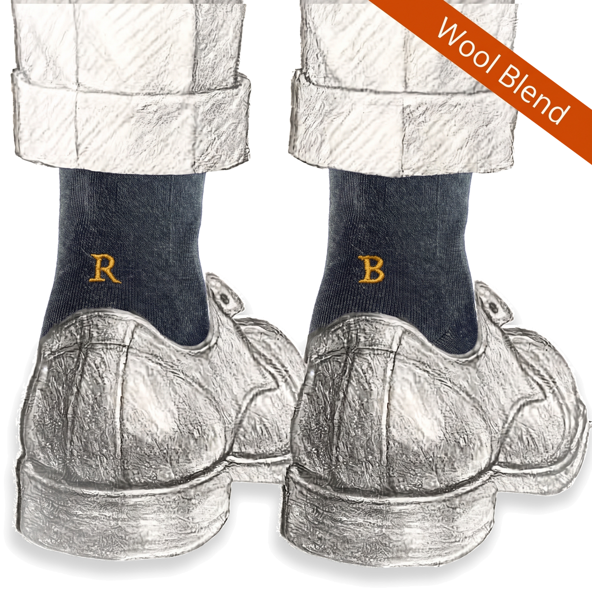 Calze blu da uomo in lana merino con le iniziali ricamate in senape, Individual Socks