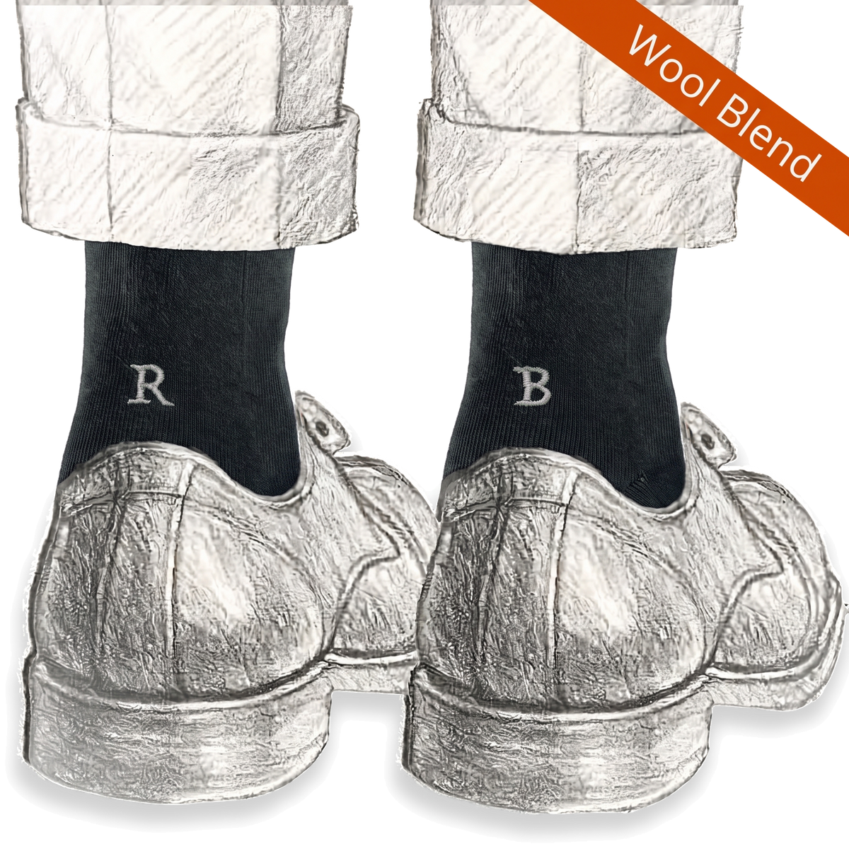 Calze nere da uomo in lana merino con le iniziali ricamate in grigio chiaro, Individual Socks