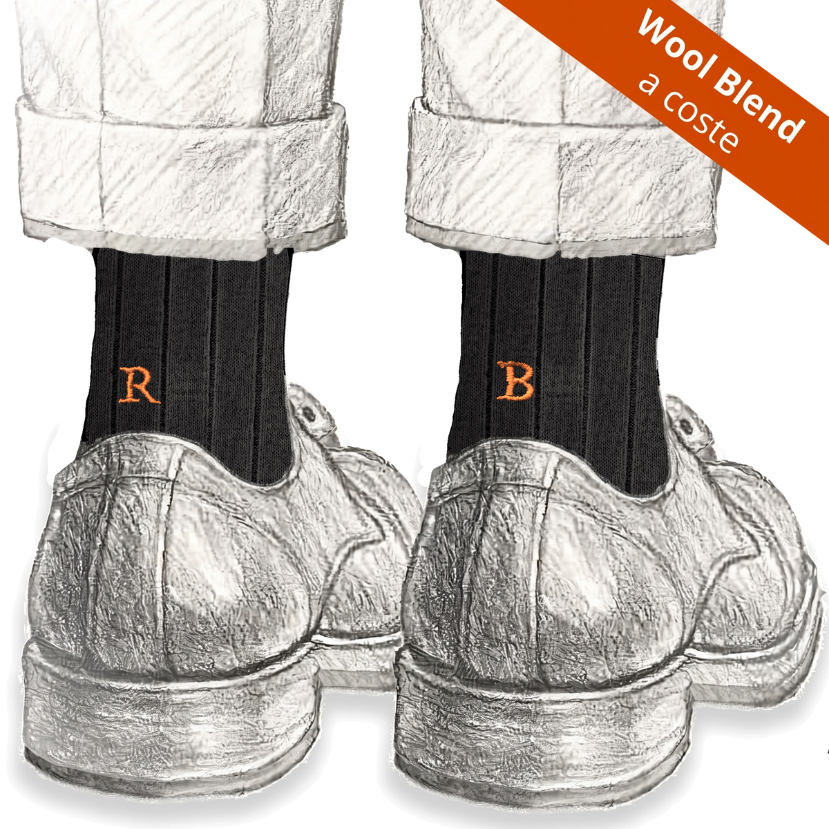 Calze marroni da uomo in lana merino con le iniziali ricamate in arancio, Individual Socks