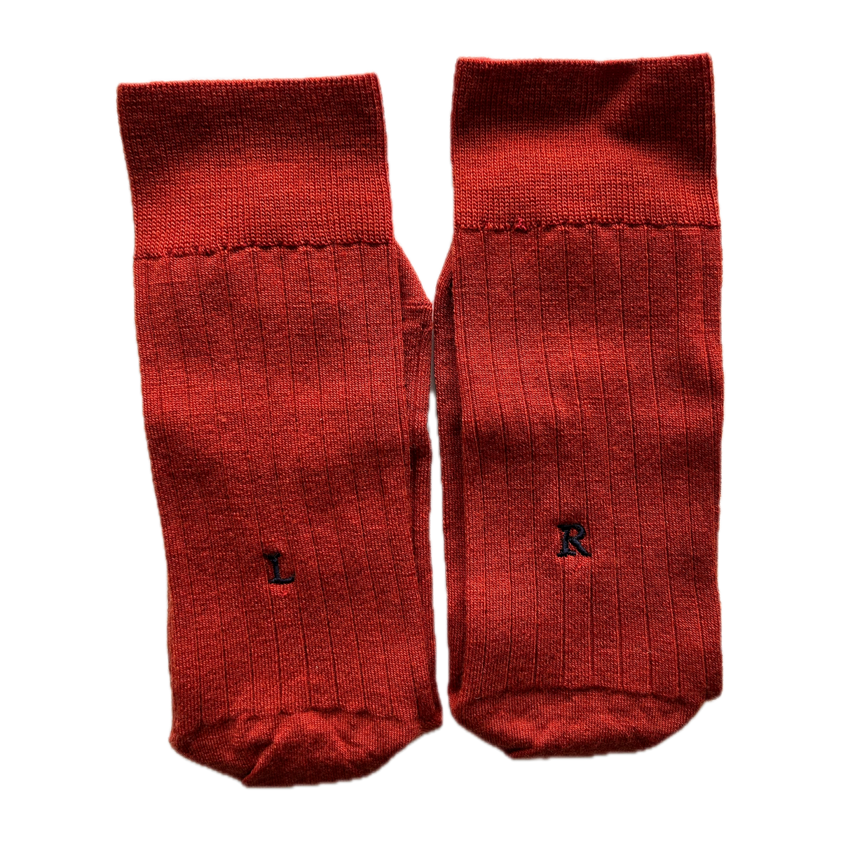 Calze arancio unisex in lana merino con le iniziali ricamate in blu, Individual Socks