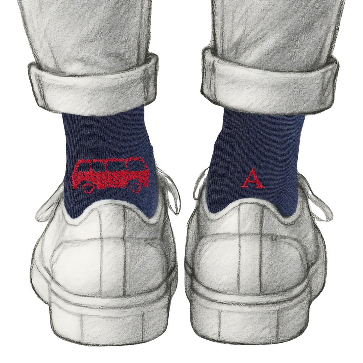 Calze Personalizzate Van Lovers | Cotone Blu | Van + Iniziale Ricamata Rossa