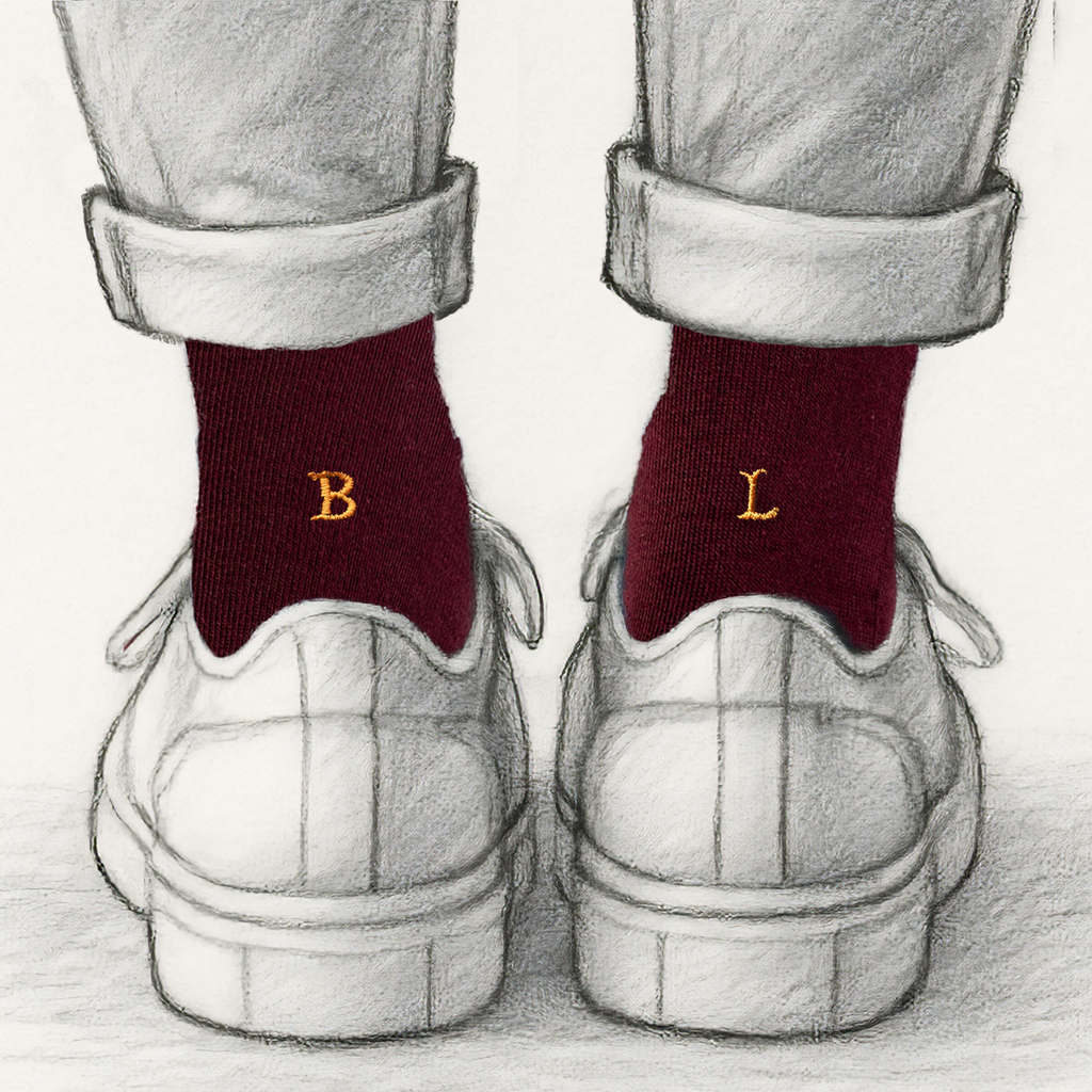 Calze Uomo Cotone Stretch | Bordeaux Iniziali Ricamate Senape | Taglia 40/45 | Lunghezza Ginocchio