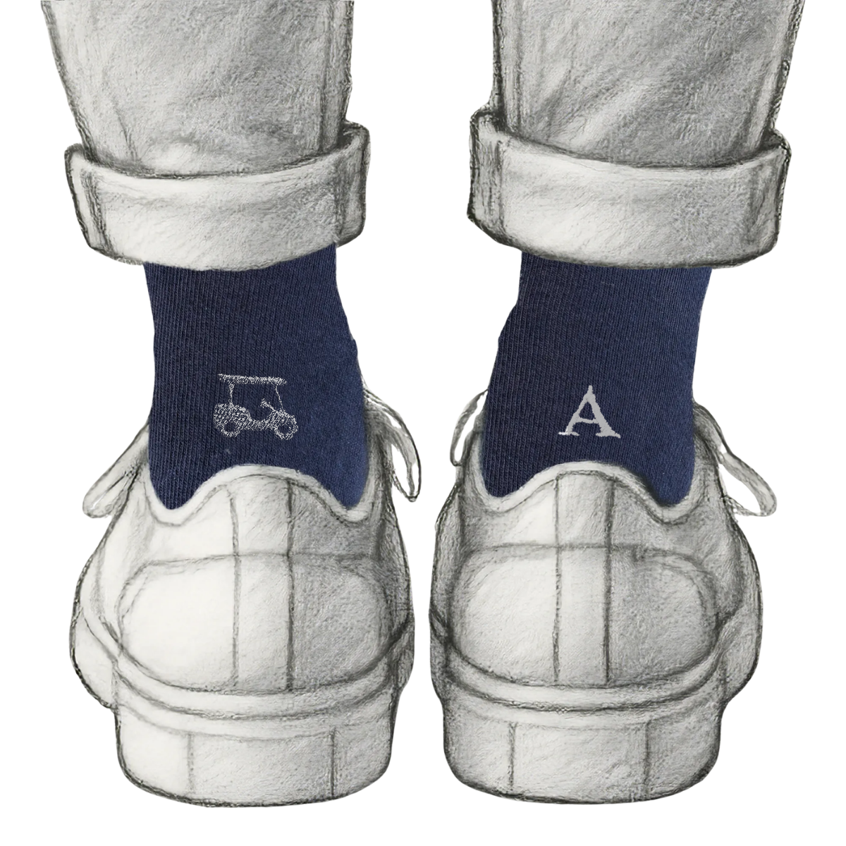 Calze Personalizzate Golf Lovers | Cotone Blu | Golf Cart + Iniziale Ricamata Grigia