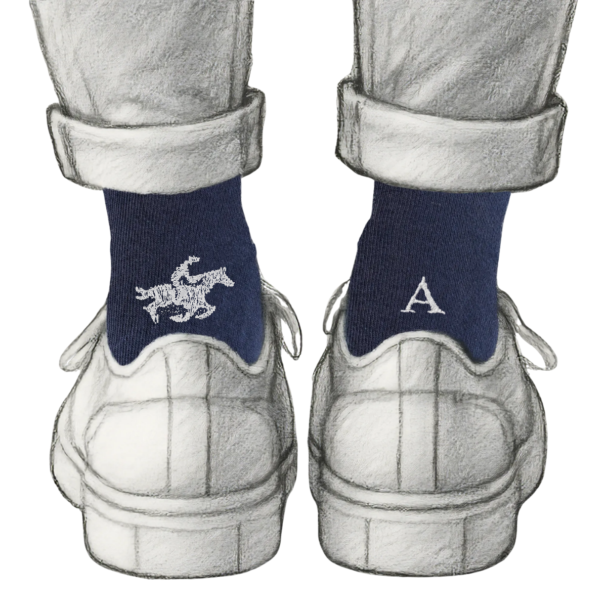 Calze Personalizzate Horse Lovers | Cotone Blu | Fantino + Iniziale Ricamata Grigia
