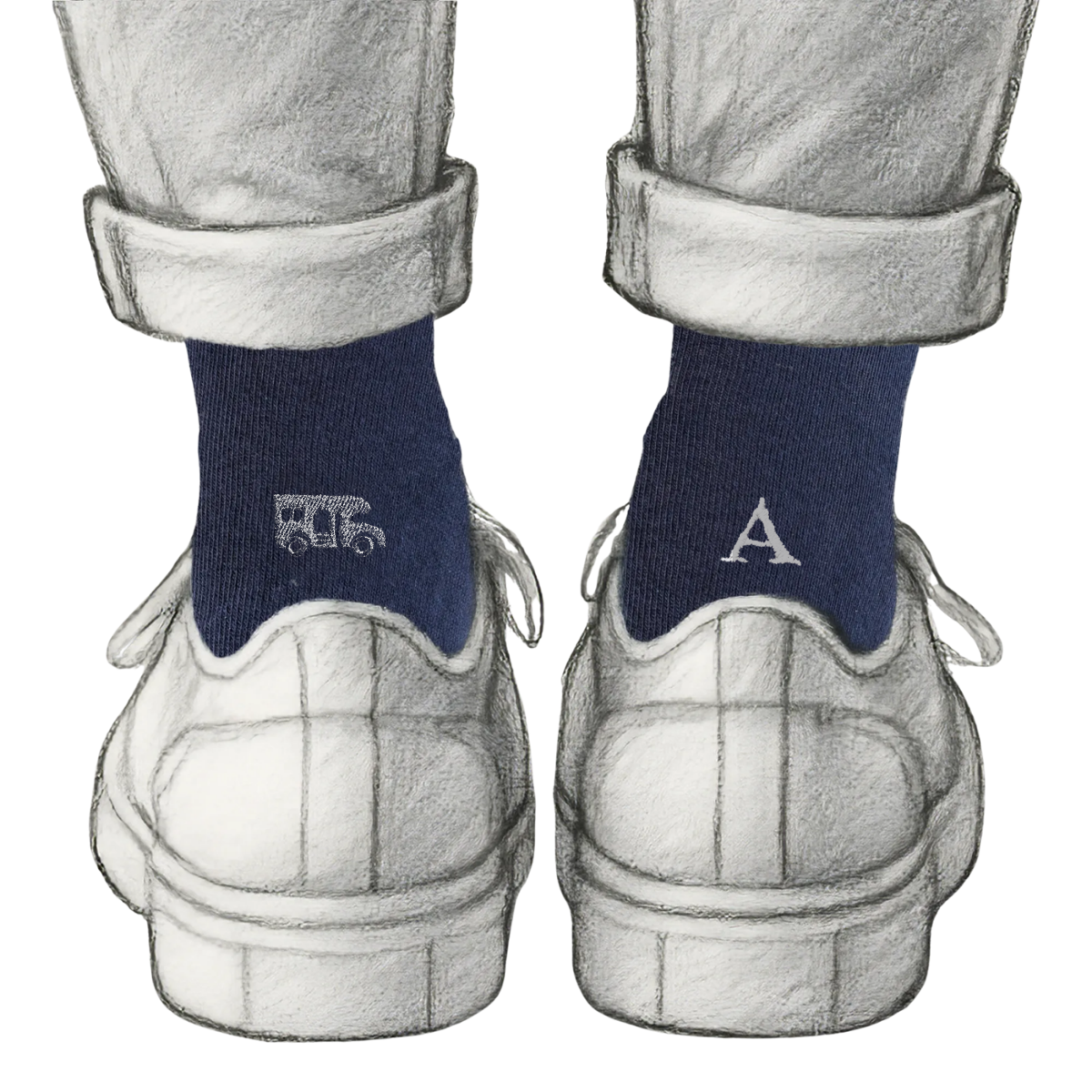 Calze Personalizzate Camper Lovers | Cotone Blu | Camper + Iniziale Ricamata Grigia