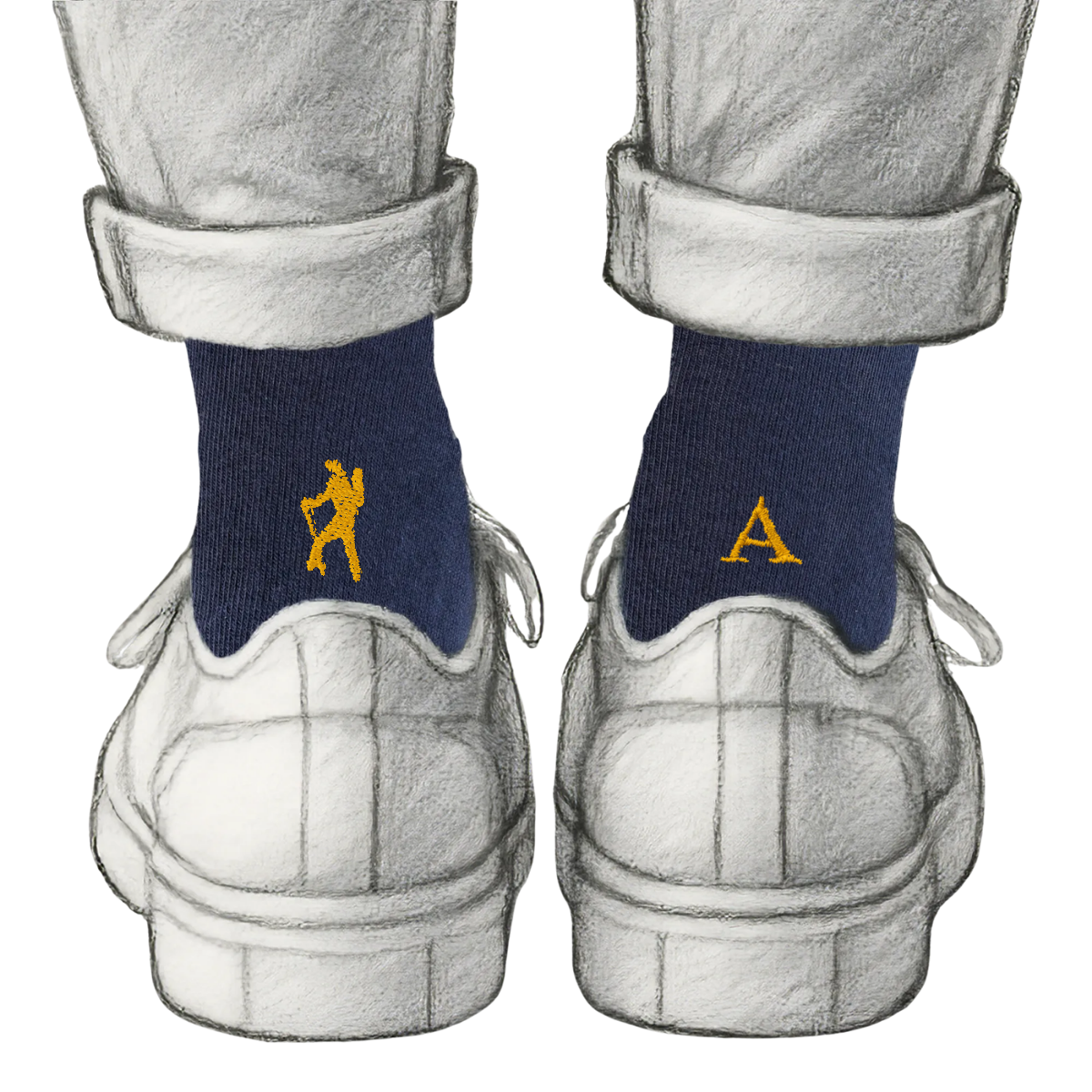 Calze Personalizzate Mountain Lovers | Cotone Blu | Escursionista + Iniziale Ricamata Senape