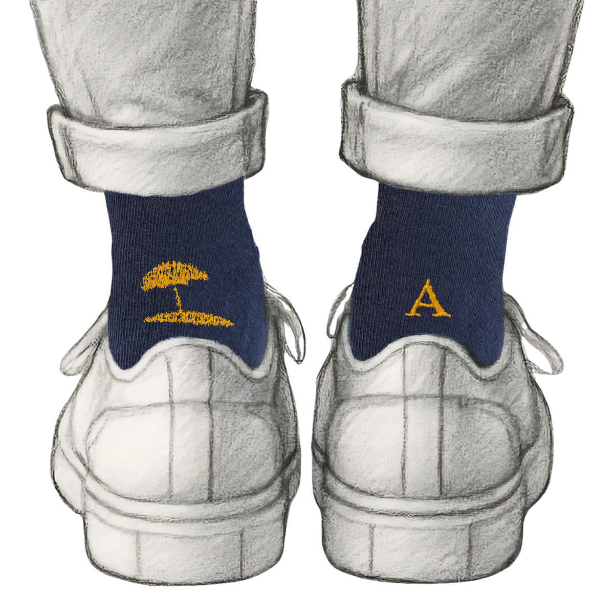 Calze Personalizzate Beach Lovers | Cotone Blu | Ombrellone + Iniziale Ricamata Senape