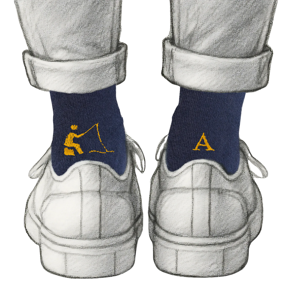 Calze Personalizzate Fishing Lovers | Cotone Blu | Pescatore + Iniziale Ricamata Senape