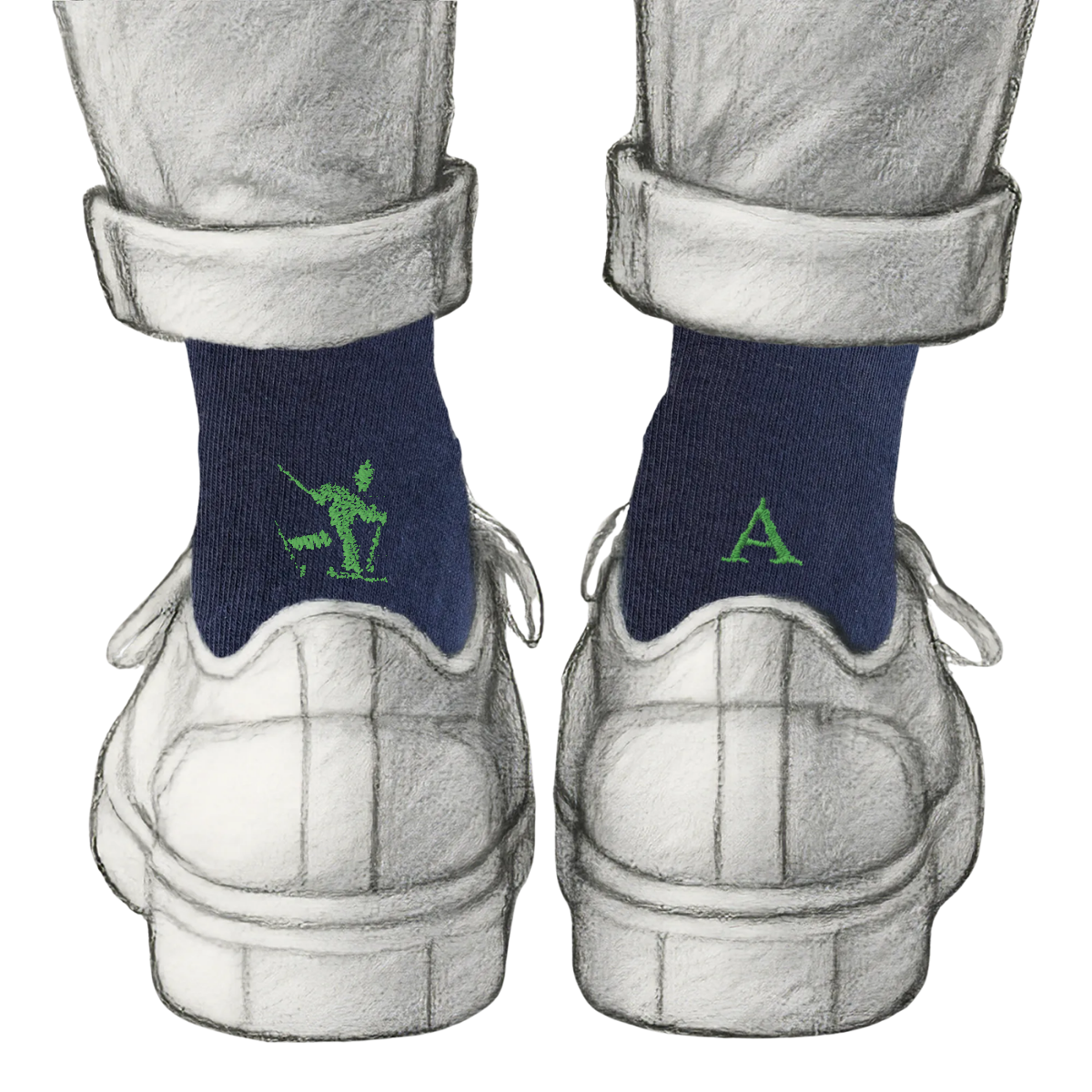 Calze Personalizzate Mountain Lovers | Cotone Blu | Ciaspolatore + Iniziale Ricamata Verde