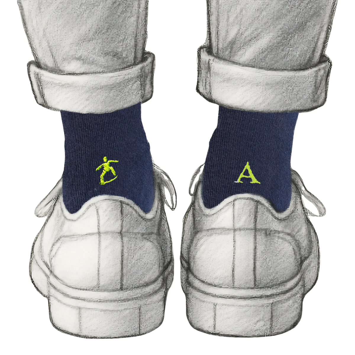 Calze Personalizzate Skate Lovers | Cotone Blu | Skater + Iniziale Ricamata Giallo Fluo