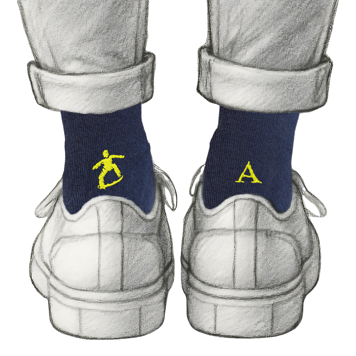 Calze Personalizzate Skate Lovers | Cotone Blu | Skater + Iniziale Ricamata Giallo Fluo