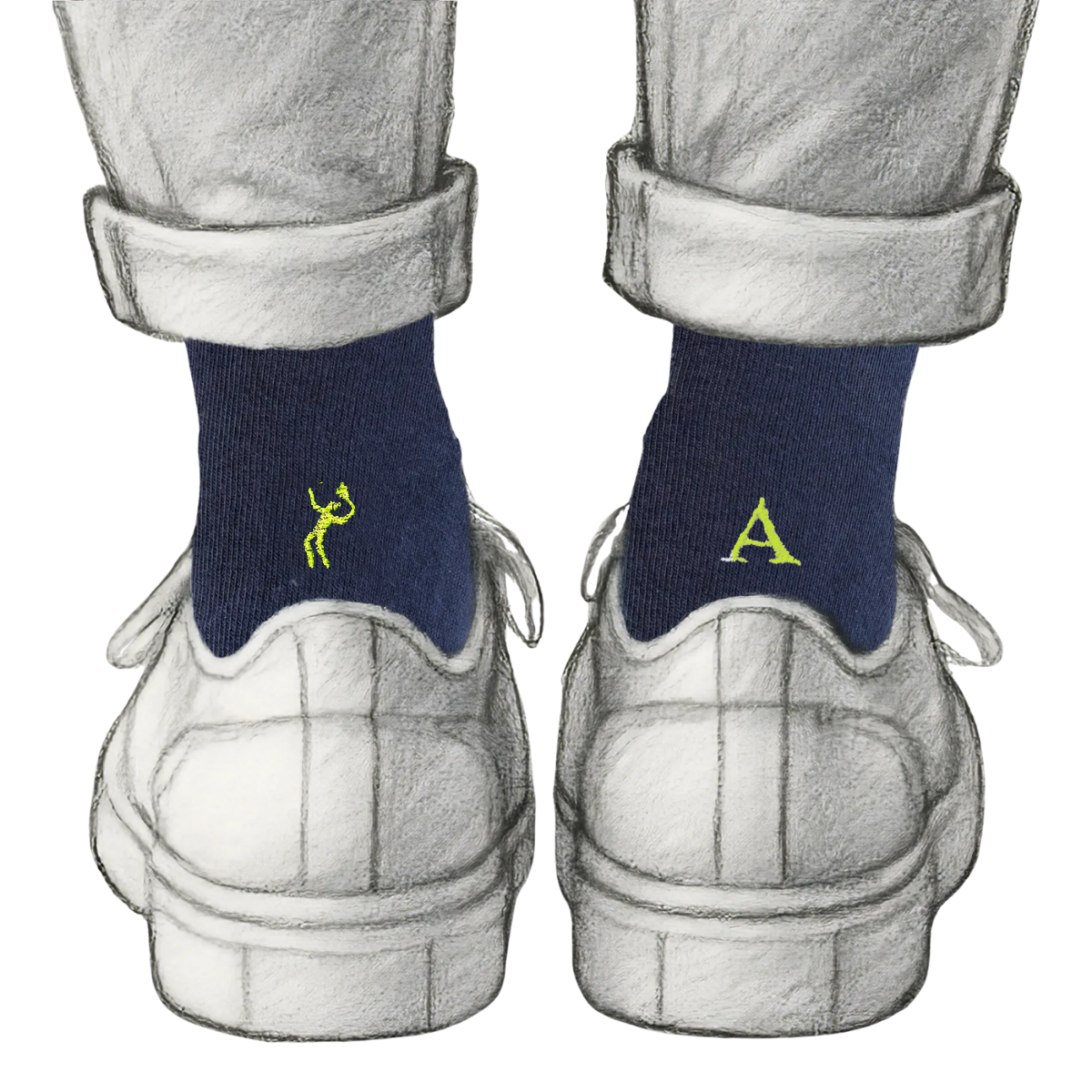 Calze Personalizzate Tennis Lovers | Cotone Blu | Tennista + Iniziale Ricamata Giallo Fluo