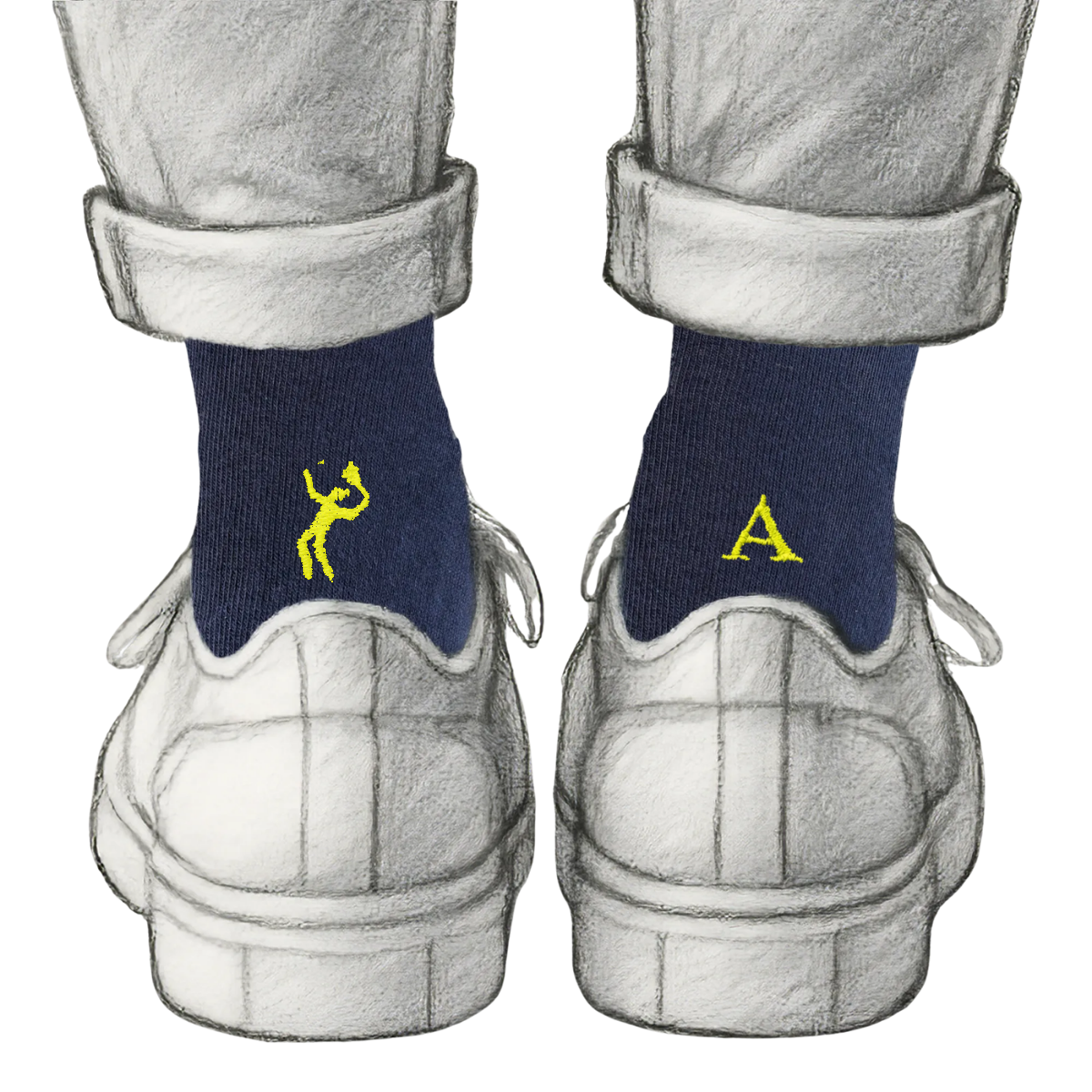 Calze Personalizzate Tennis Lovers | Cotone Blu | Tennista + Iniziale Ricamata Giallo Fluo
