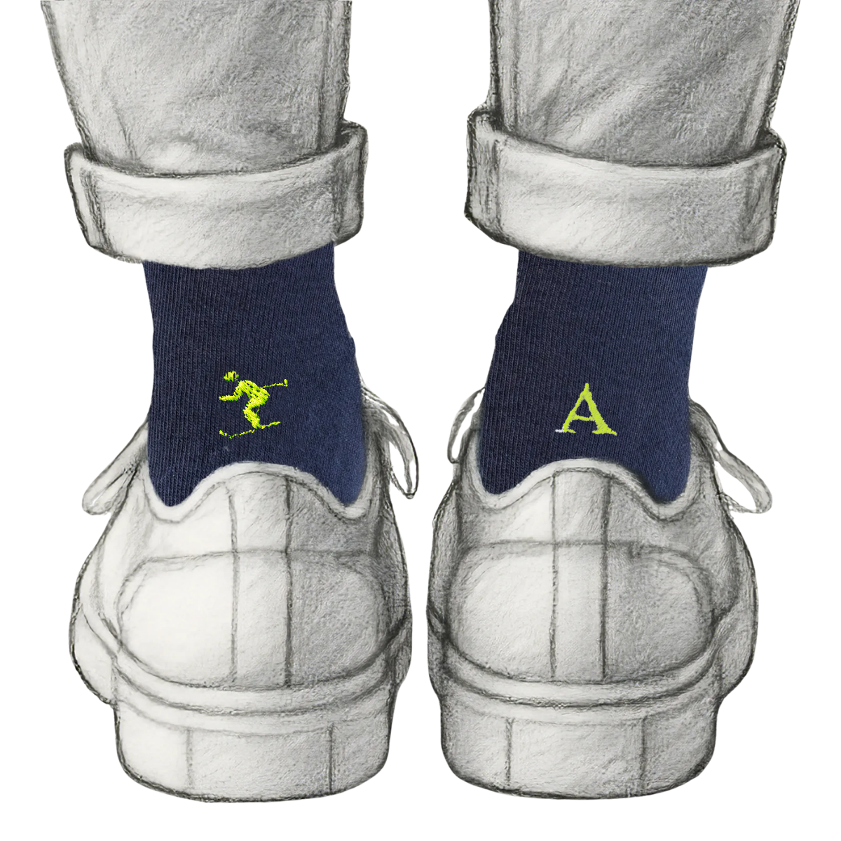 Calze Personalizzate Ski Lovers | Cotone Blu | Sciatore + Iniziale Ricamata Giallo Fluo