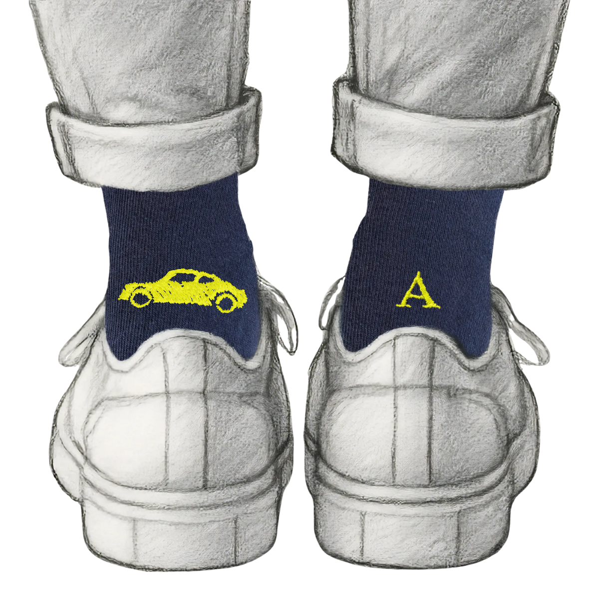 Calze Personalizzate Car Lovers | Cotone Blu | Auto Sportiva + Iniziale Ricamata Giallo Fluo