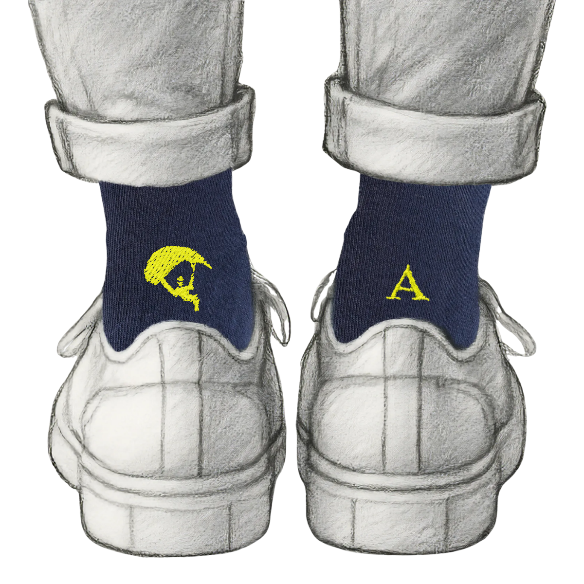 Calze Personalizzate Skydiving Lovers | Cotone Blu | Paracadutista + Iniziale Ricamata Giallo Fluo